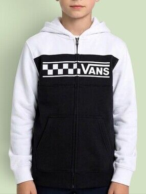 Vans Youth Boys Full-Zip Checkerboard Logo Hoodie - White / Black (M / 14-16)